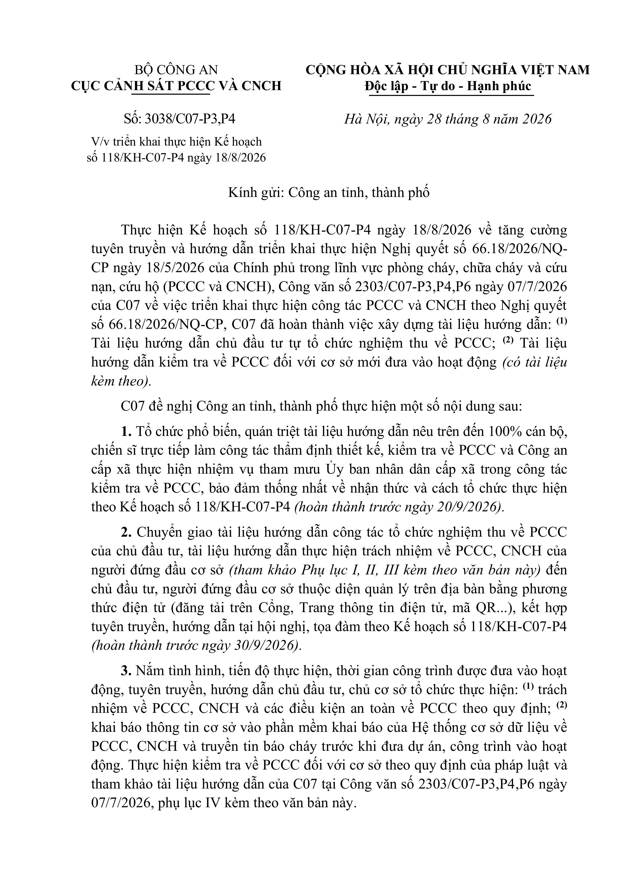 CỤC PCCC HƯỚNG DẪN CHỦ ĐẦU TƯ TỰ NGHIỆM THU PCCC